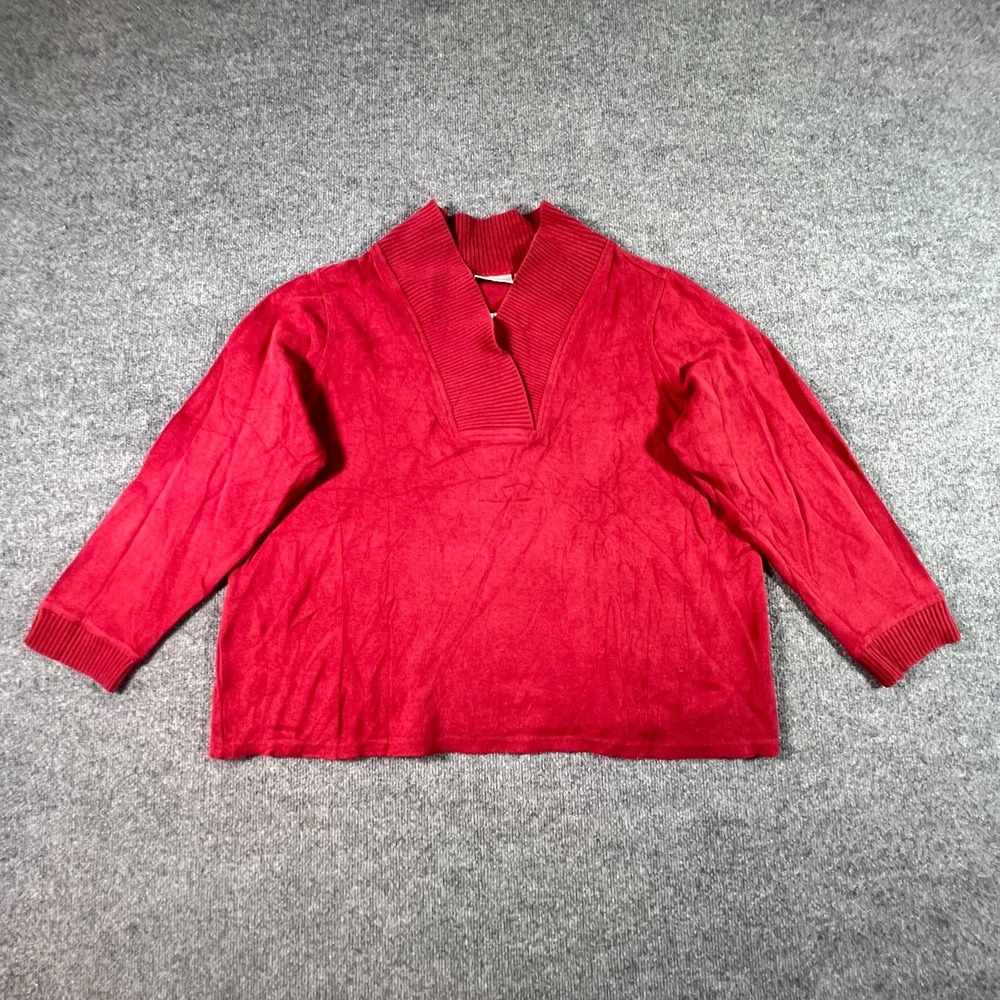 Studio Works Womens 2X Red Cotton Knit Sweater V-Neck Pullover Preppy Academia
